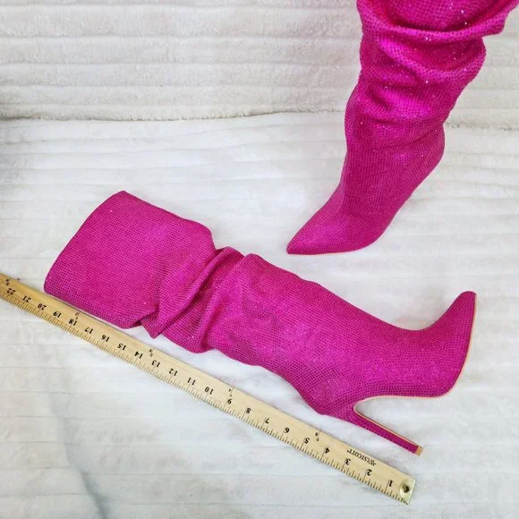 Radiant Fuchsia Pink Rhinestone High Heel Slouch Knee High Boots - Picture 11 of 11